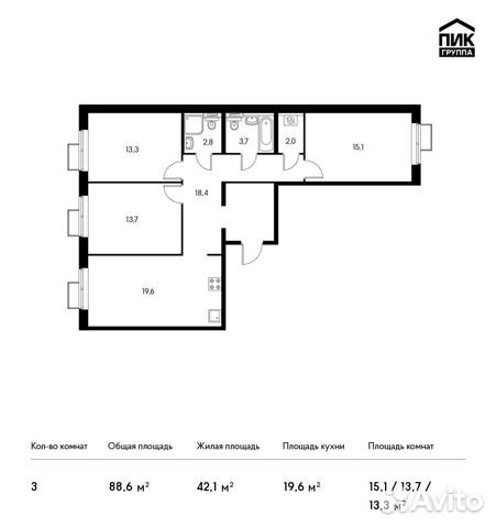 3-к квартира, 88.6 м², 13/16 эт.