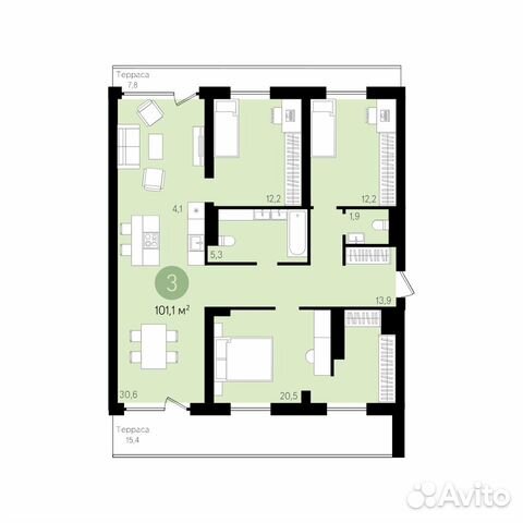 3-к квартира, 101 м², 7/8 эт. 3-к квартира, 101 м², 7/8 эт.