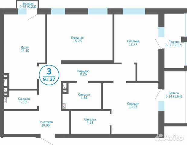 3-к квартира, 86.9 м², 2/24 эт. 3-к квартира, 86.9 м², 2/24 эт.