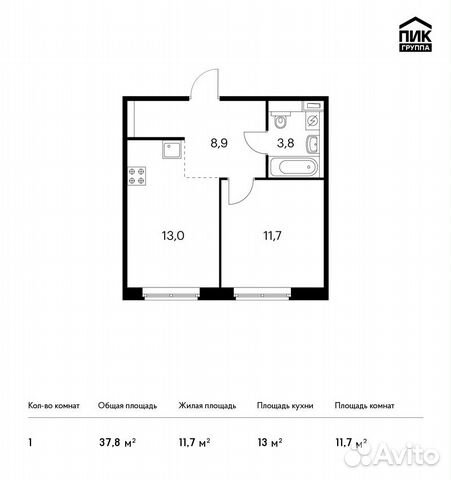 1-к квартира, 37.8 м², 1/9 эт.