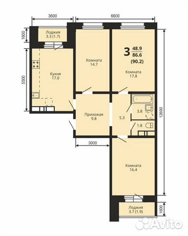 3-к квартира, 90.2 м², 10/10 эт. 3-к квартира, 90.2 м², 10/10 эт.