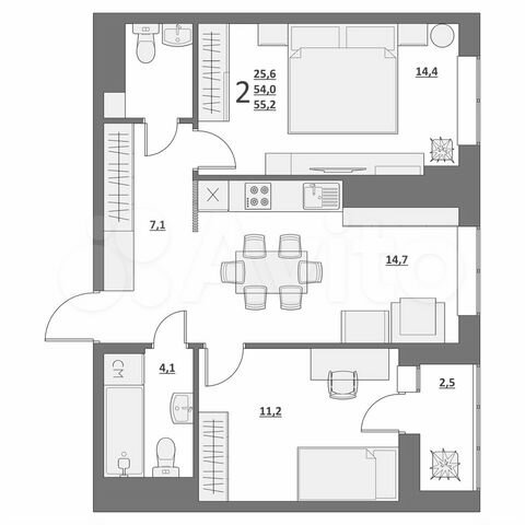 2-к. квартира, 55,4 м², 6/15 эт.