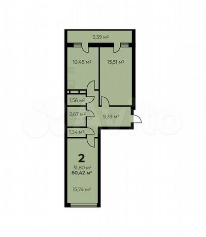 2-к. квартира, 60,4 м², 4/16 эт.