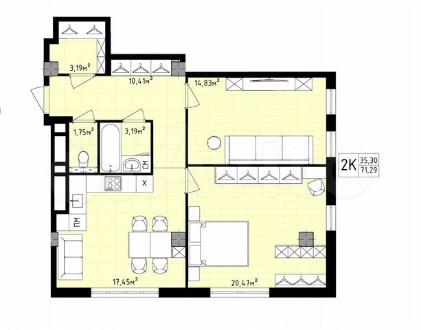 2-к. квартира, 71,3 м², 16/16 эт.
