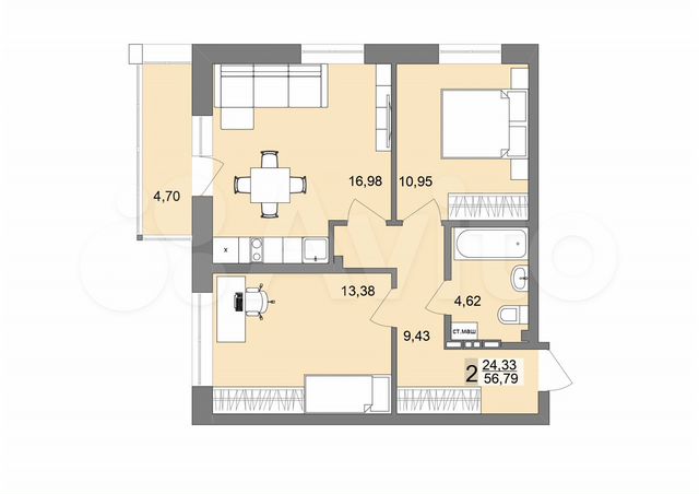 2-к. квартира, 56,4 м², 22/26 эт.