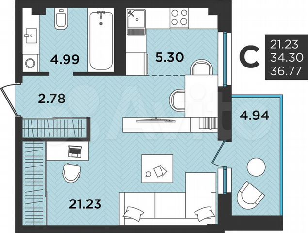 Квартира-студия, 34,3 м², 11/12 эт.