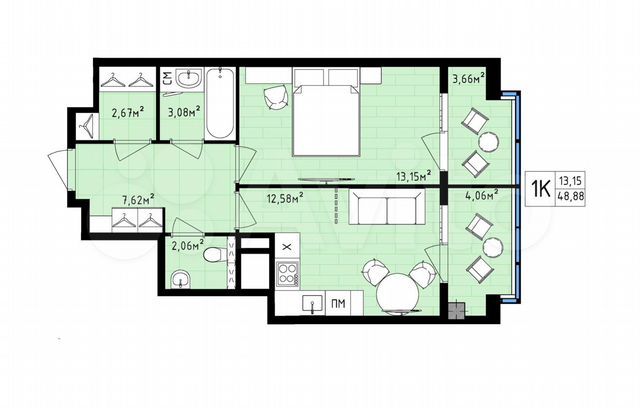 1-к. квартира, 48,9 м², 11/16 эт.