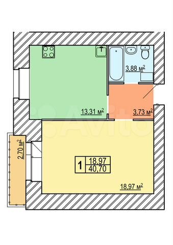 1-к. квартира, 40,7 м², 1/10 эт.