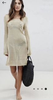 Вязаное сетка Бежевое золотая Платье пляжное сетка