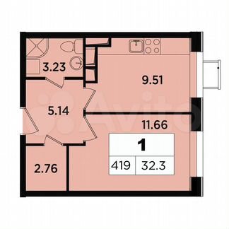 1-к апартаменты, 32.3 м², 14/18 эт.