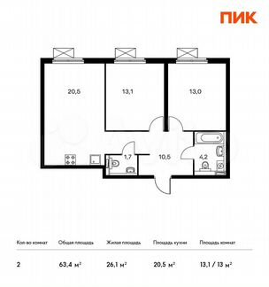 2-к квартира, 63.4 м², 18/33 эт.